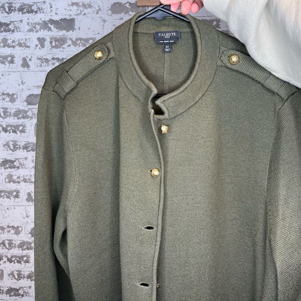 Talbots | women green button down wool cardigan with gold buttons
